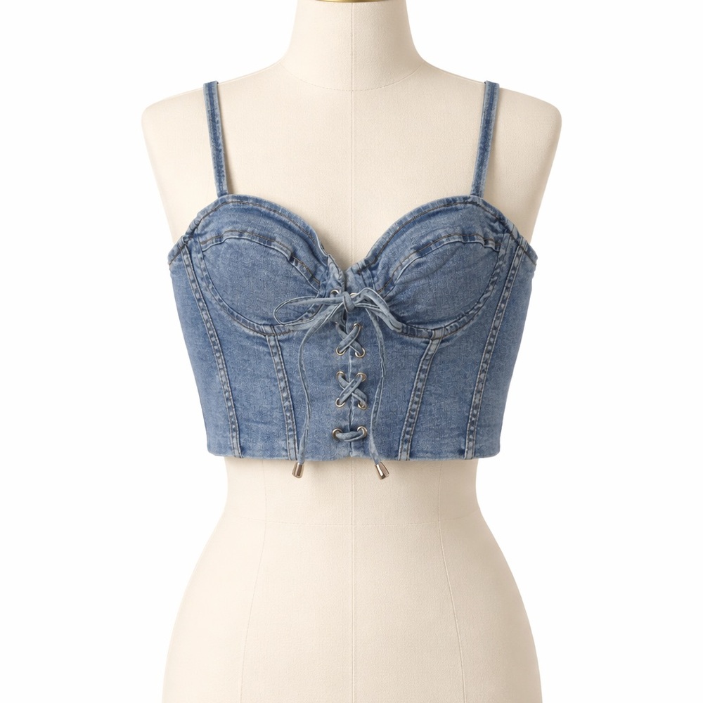 Denim Lace-Up Bandeau Crop Top - Blue